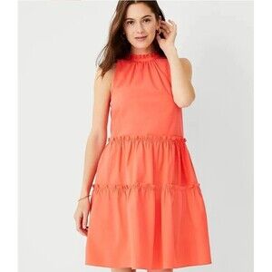 Ann Taylor Dress M Orange Ruffle Tiered Shift Cotton Blend Lined Sleeveless